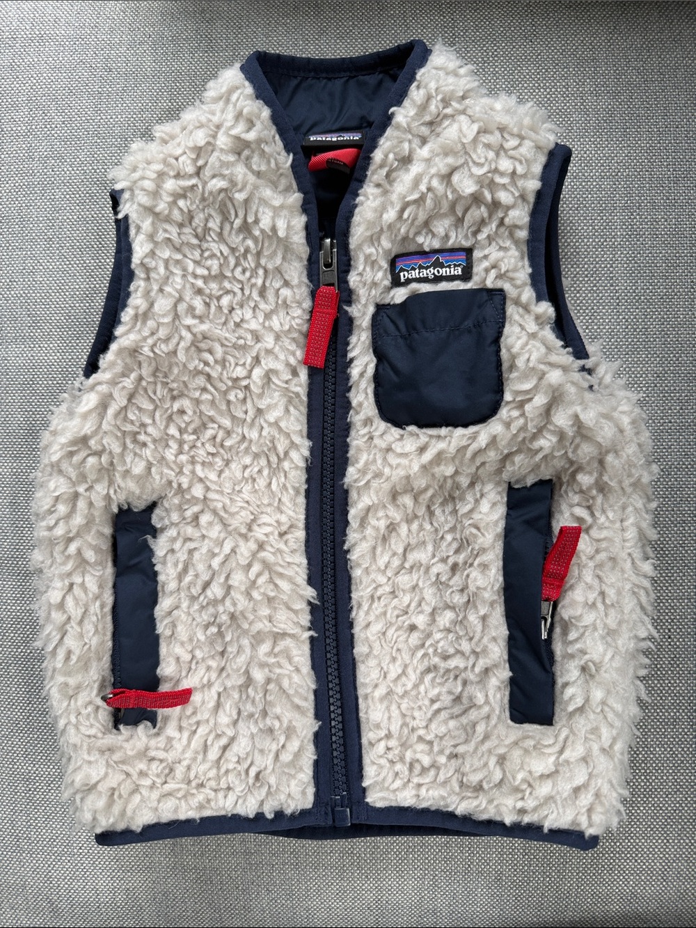Patagonia Cream Retro X Vest with Navy Trim and Red Zipper Pulls Size 6-12 Month